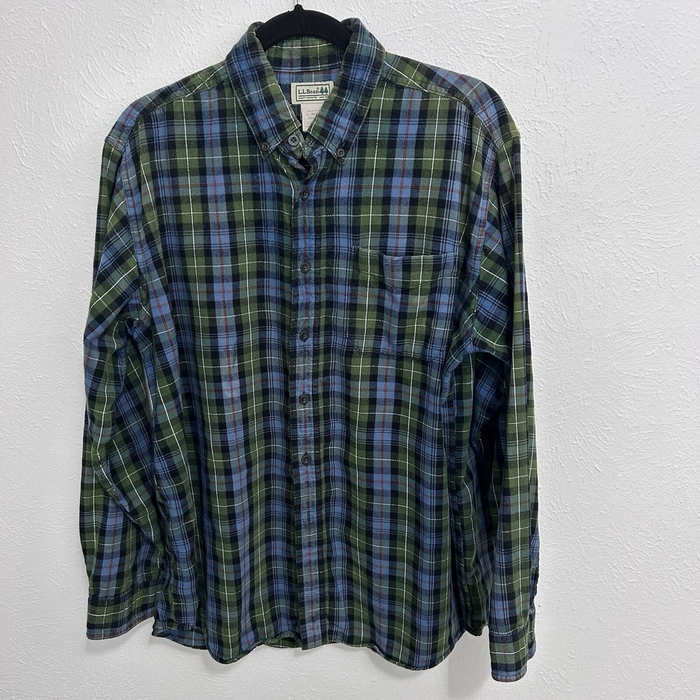 LL Bean Shirt Men Sz L Blue Green White Plaid Flannel Work Chore Lumberjack Top